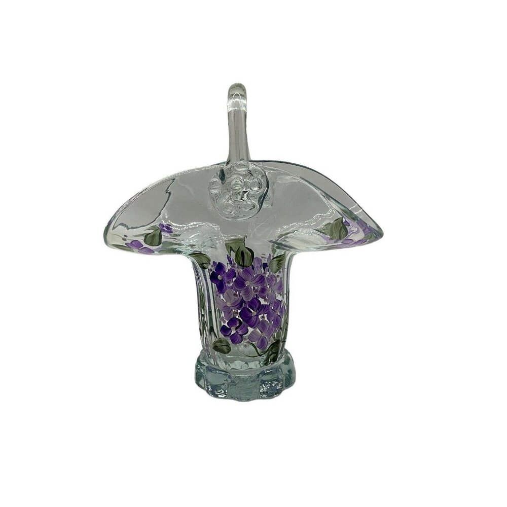 Clear Fenton Hand Painted Purple Flowered 6.5" Sweet Basket Home Decor Decor3"